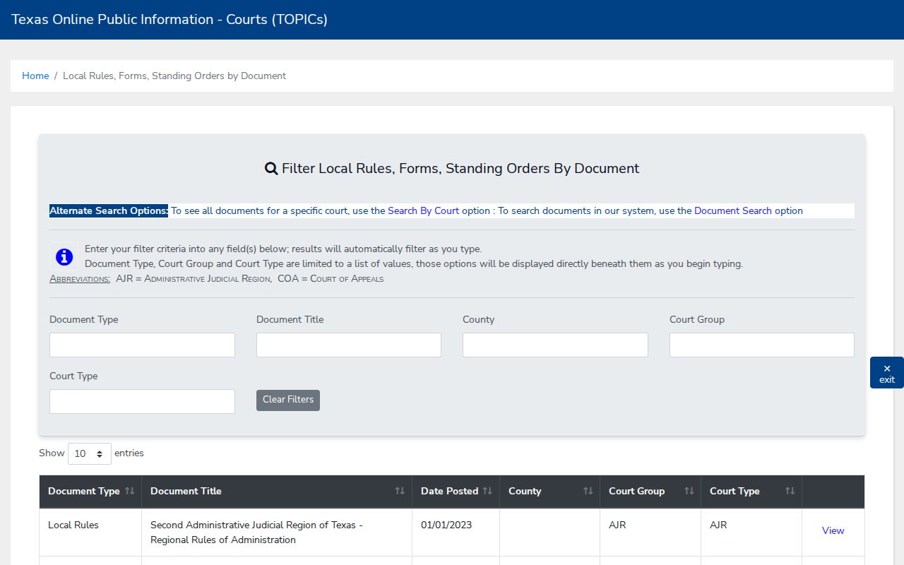 Crockett County court calendar rules search on the Texas Topics portal