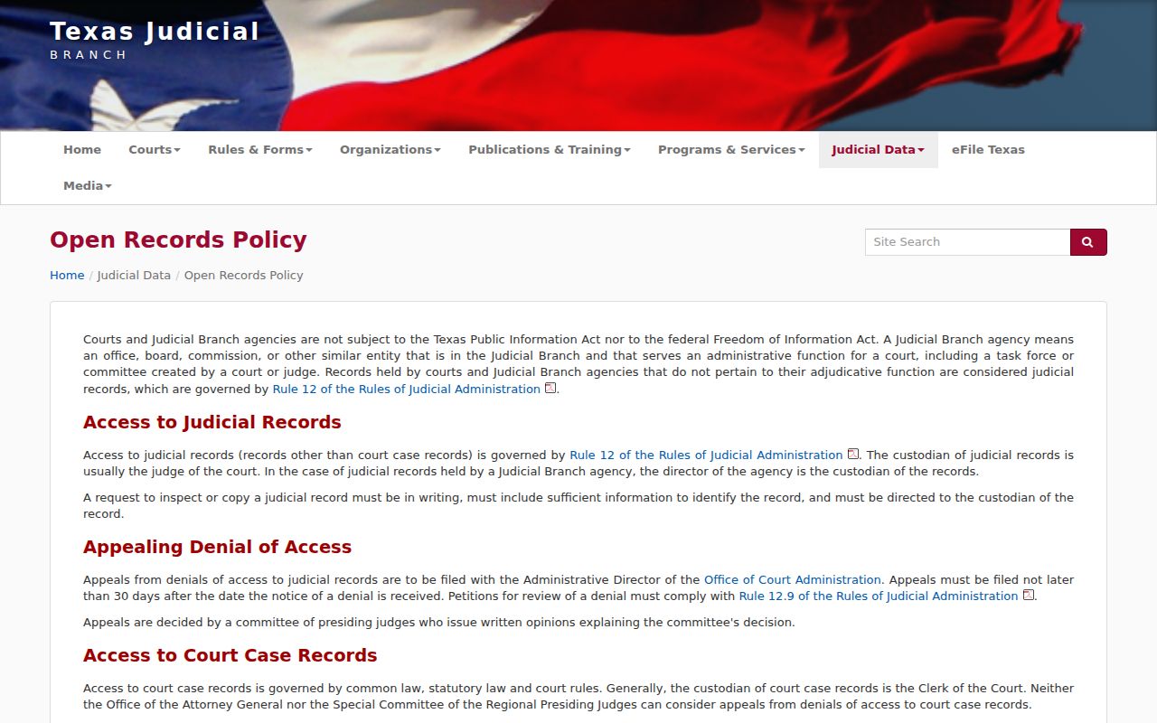 Texas Judicial Branch open-records policy page