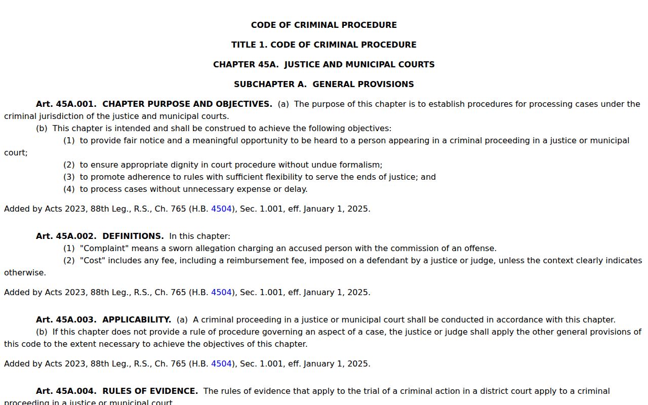 Texas Code of Criminal Procedure Chapter 45A for Crockett County traffic court